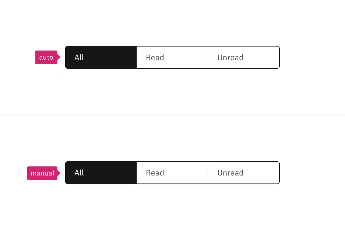 Two content switchers, one with a pink annotation reading "auto", the other with an annotation "manual"